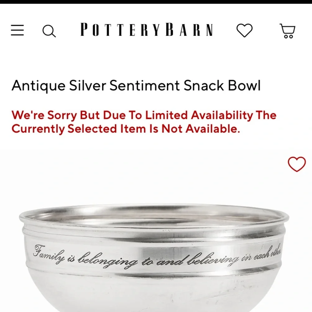 Pottery Barn Sentiment Silver Snack Bowl